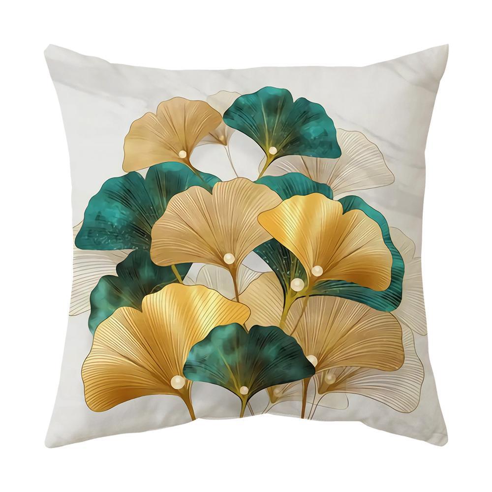 Ginkgo Leaf Printed Pillow Cover in Green Gold