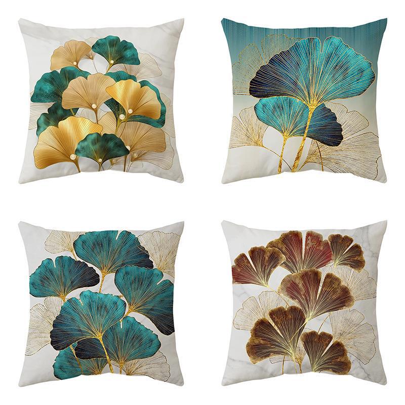 Ginkgo Leaf Printed Pillow Cover in Green Gold